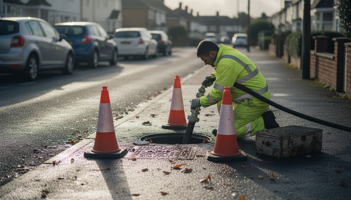 Technician clearing street drain after heavy rain