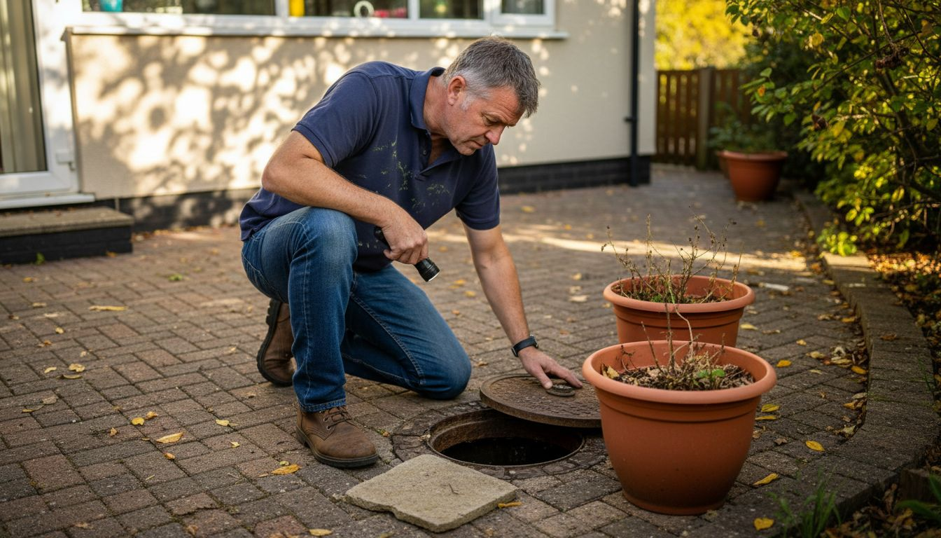 Poole homeowner inspecting outdoor drain cover
