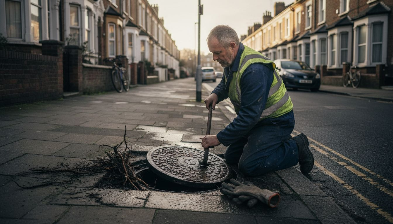Drainage technician opening blocked street drain