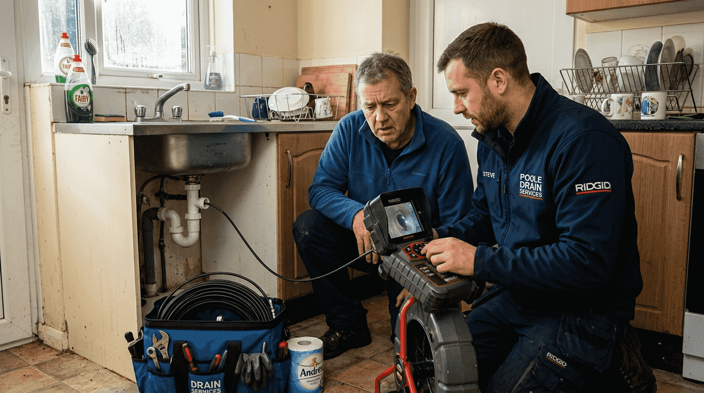 Drain specialist inspecting clogged kitchen sink