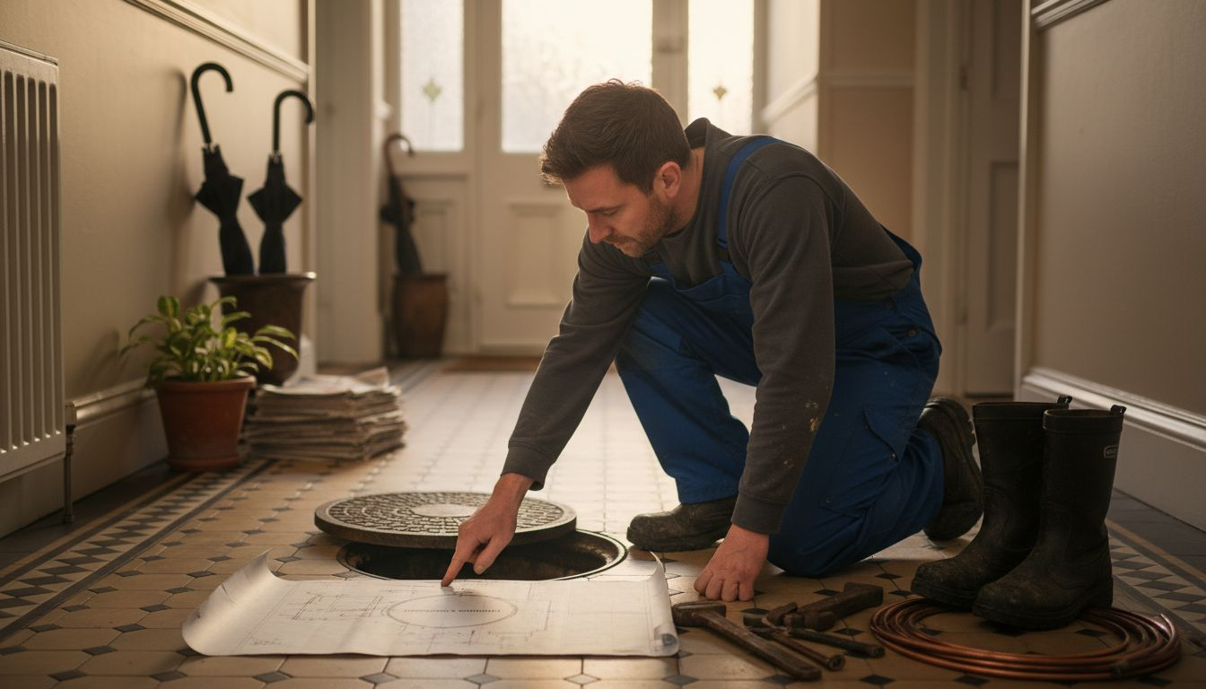 Plumber inspecting home combined drainage pipes