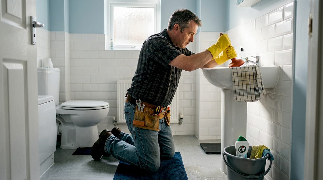 Homeowner using plunger on bathroom sink