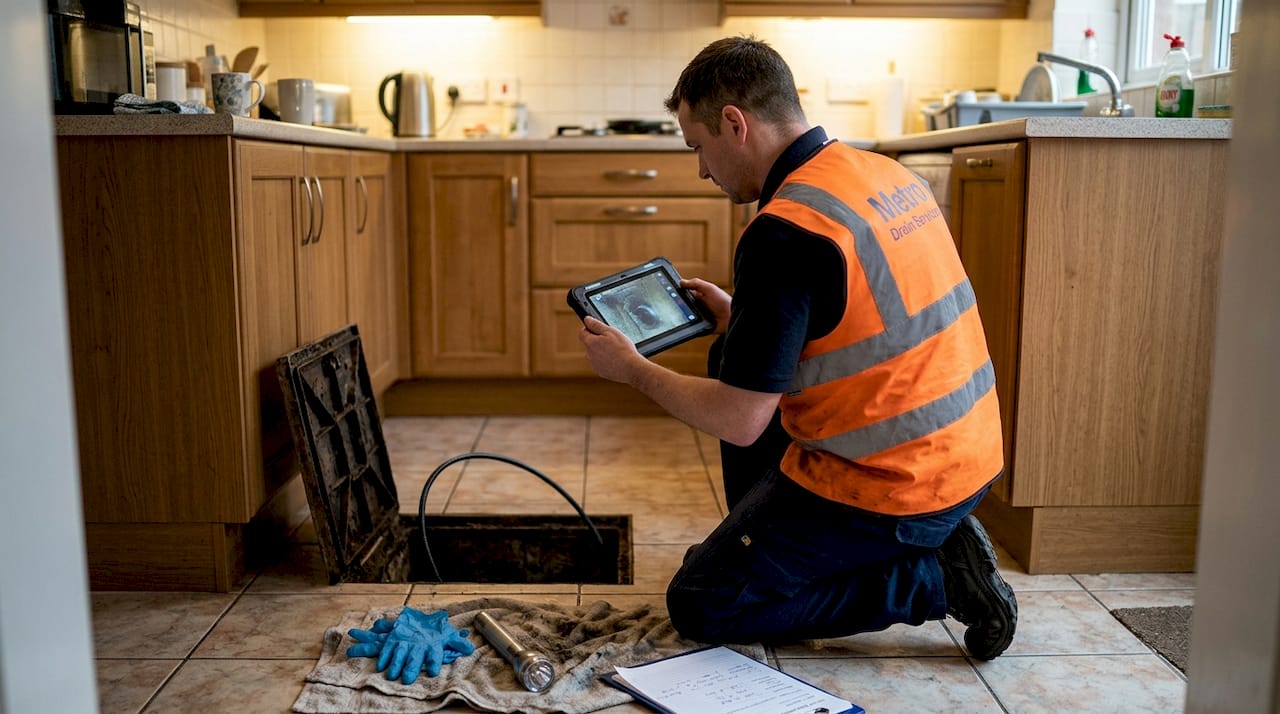 Technician inspecting kitchen drain using camera
