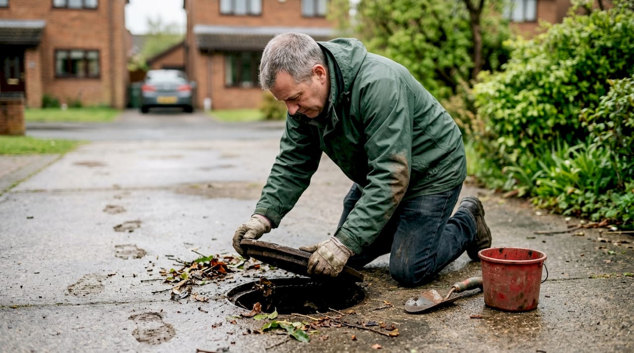 Homeowner checking outdoor driveway drain