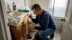 Homeowner preparing to clear clogged drain