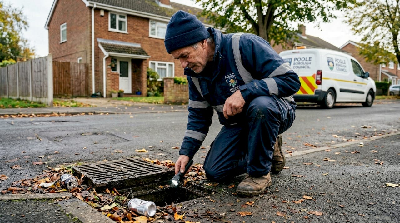 Drain technician inspects outdoor blocked drain