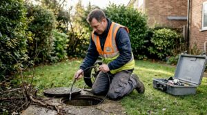 Drain engineer inspecting pipe for root intrusion