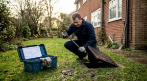 Plumber inspecting drain beside Southampton home