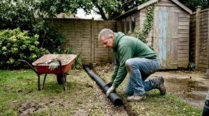 Gardener installing drainage pipe in muddy garden