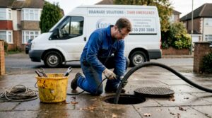 Drain engineer jetting outdoor drain with hose