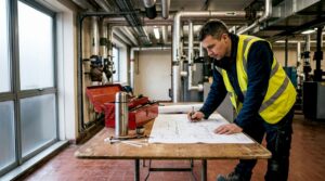 Engineer reviewing commercial drainage blueprints