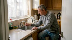 Homeowner examines slow draining kitchen sink