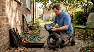 Drainage technician performing residential drain survey