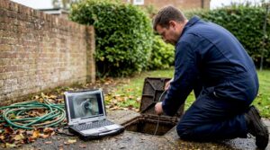 Engineer performing outdoor CCTV drain survey inspection