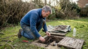 Plumber checks exposed drain with root intrusion