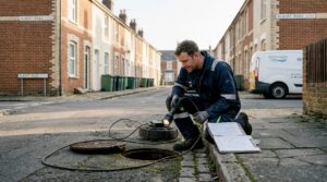 Drainage engineer examining manhole on historic street