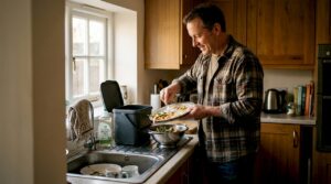 Homeowner disposing food waste before rinsing plate