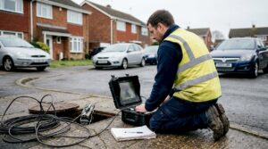 Drainage technician using CCTV device outdoors